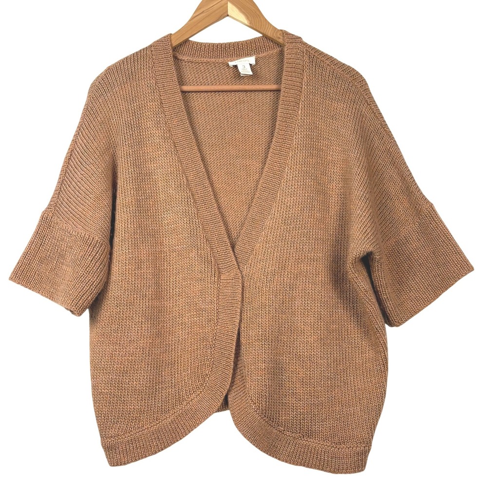Chicos Women Short Sleeve Wool Blend Open Cardigan Sweater Sz 3 = XL 16 Cinnamon